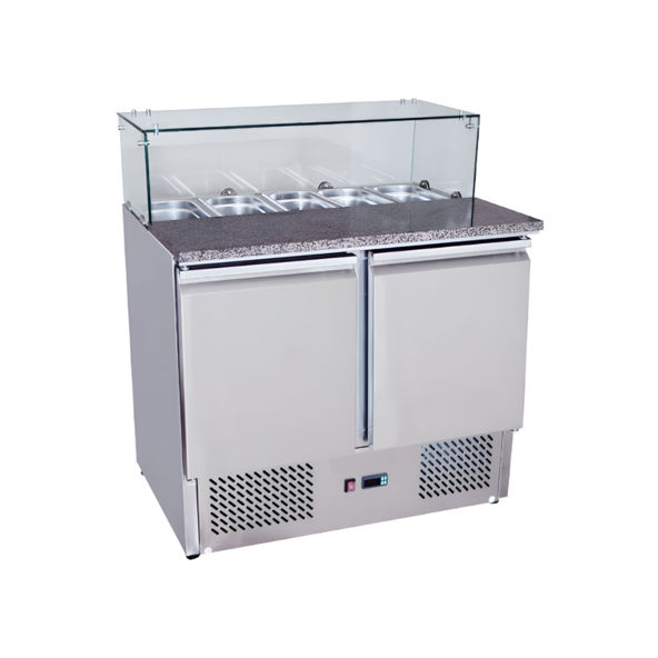 Saladette 2 Puertas Cúpula de Vidrio Cubierta de Mármol 5 Depósitos 90 Cm - Bozzo 1 Saladette 2 Puertas Cúpula de Vidrio Cubierta de Mármol 5 Depósitos 90 Cm - Bozzo 1