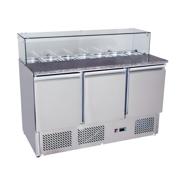 Saladette 3 Puertas Cúpula de Vidrio Cubierta de Mármol 7 Depósitos 140 Cm - Bozzo 1 Saladette 3 Puertas Cúpula de Vidrio Cubierta de Mármol 7 Depósitos 140 Cm - Bozzo 1